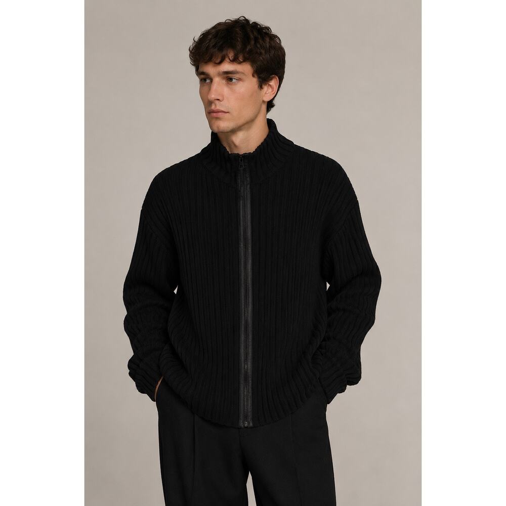 John Varvatos USA Black Ribbed Zip-Up Sweater Jacket Cotton Men’s L